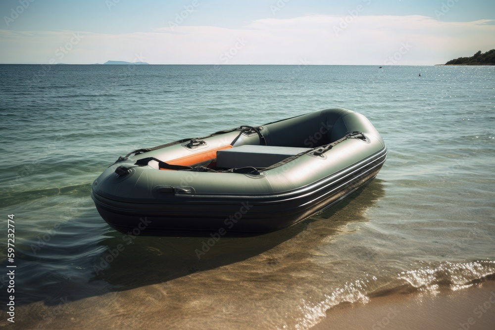 Green rubber boat by the sea. Generative AI Green rubber boat by the sea. Generative AI