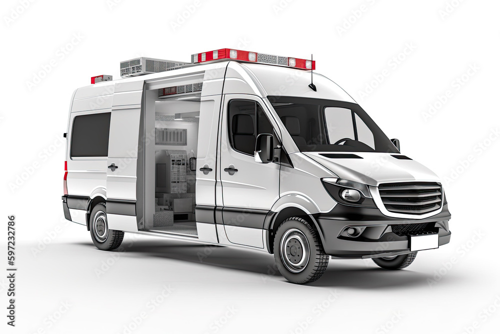 Modern ambulance car with open door on white background. Generative AI