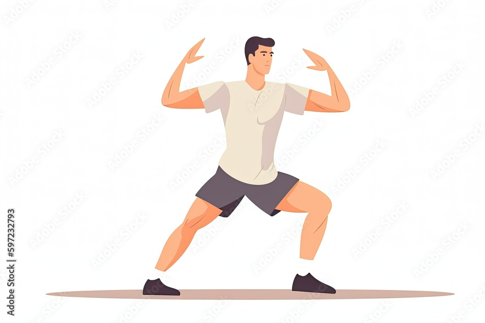 Illustration of a sporty man doing morning exercises isolated on white background. Fitness concept. Generative AI