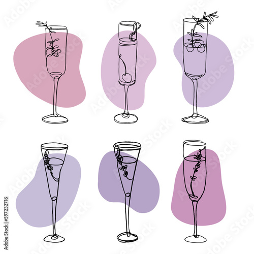Abstract symbol for cafe or bar. Lineart design alcohol coctail. Different glass of drink. Illusrtation coctail set