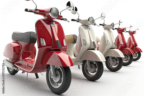 Multicolored vintage scooters isolated on white background. Rental scooter concept. Generative AI