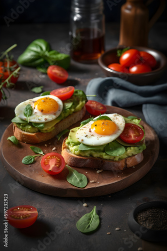 a two crispy toasts with avocado, tomatoes, spinach and a fried egg. Concept of healthy breakfast. Generative AI