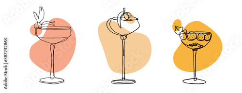Line art drawing of exotic cocktail drinks