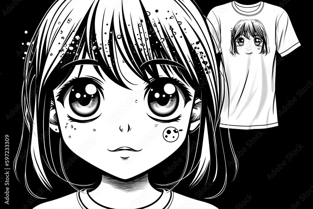 Japanese black and white anime poster Kawaii. School girl face with big ...