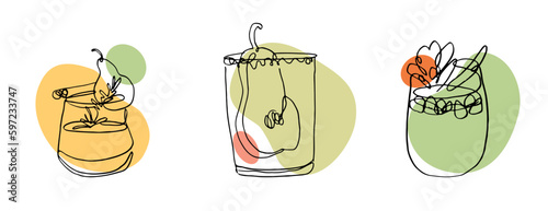continuous line drawing of exotic cocktail drinks. vector