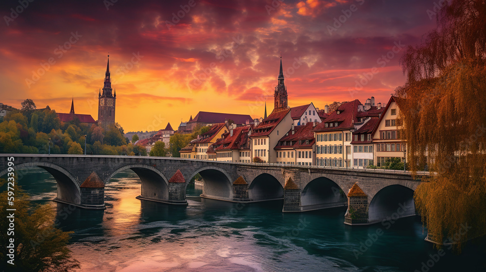 Obraz premium Incredible vivid cityscape. Scenic view Historical Old Town of Bern city with colorful sky, view on bridge over Aare river and church tower during dramatic sunset. generative ai