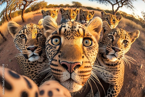 Macrophotography selfie of a group of leopards that are standing in the dirt, created with Generative Ai Technology