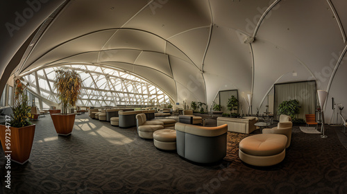 Airport lounge VIP area beneath curved organic tent ceiling, generative ai photo