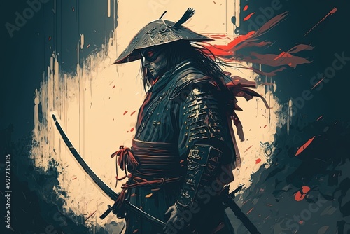 A painting of a man in armor holding a sword, illustration painting A samurai with a katana created with Generative Ai Technology