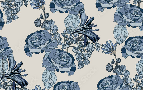 Flowers and leaves in vintage style, seamless pattern.