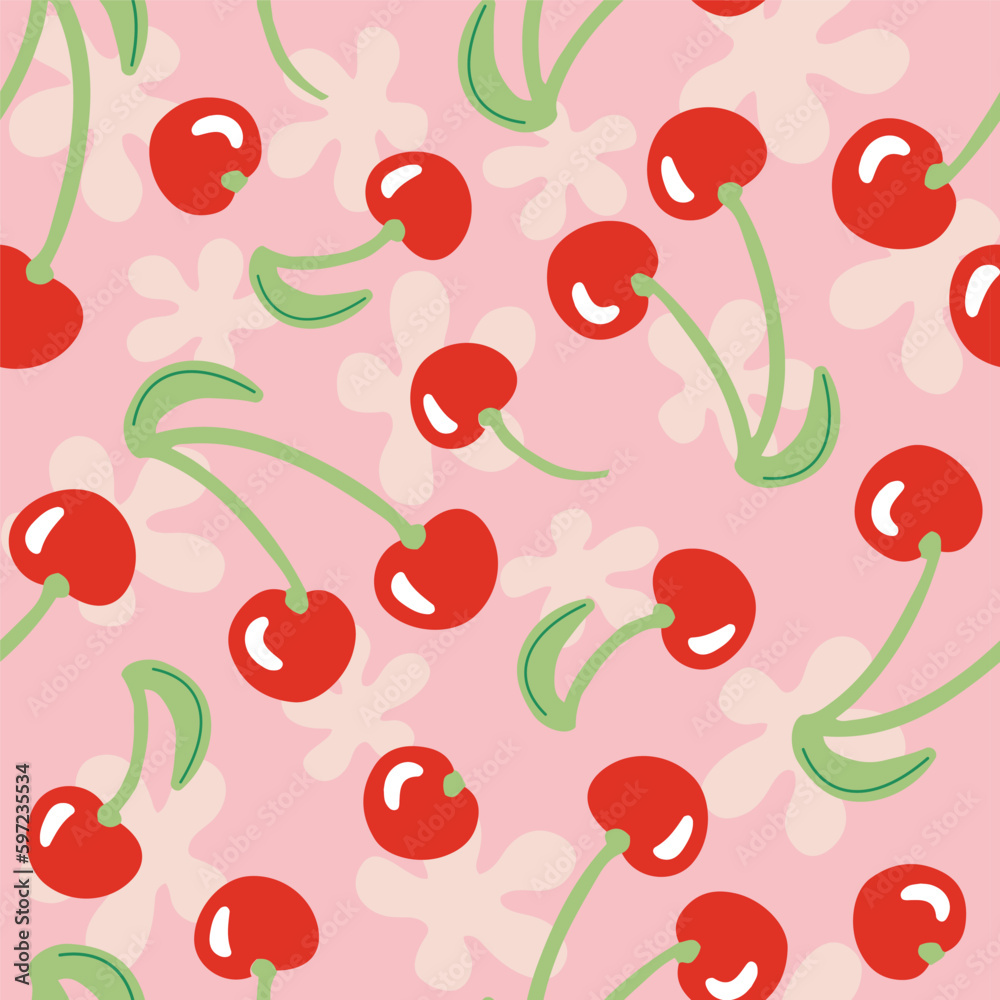 Groovy seamless pattern with cherry. Cute and trendy vector background for wrapping paper, backdrop, phone cases Groovy seamless pattern with cherry. Cute and trendy vector background for wrapping paper, backdrop, phone cases