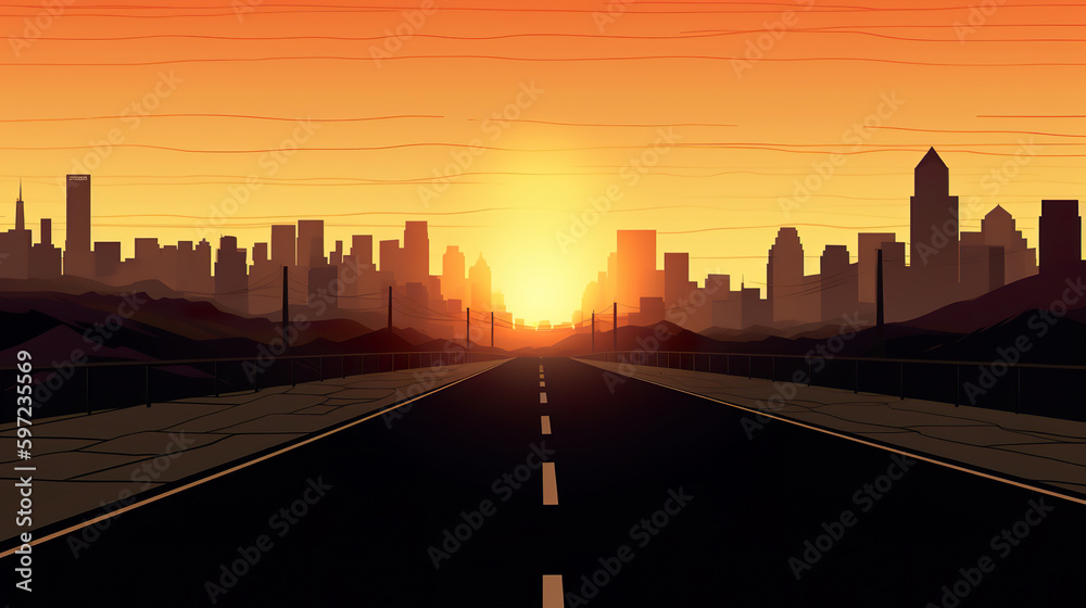 Illustration of empty road floor surface with modern city. Empty asphalt highway against the bright sun at sunset. 3D realistic illustration. Generative AI
