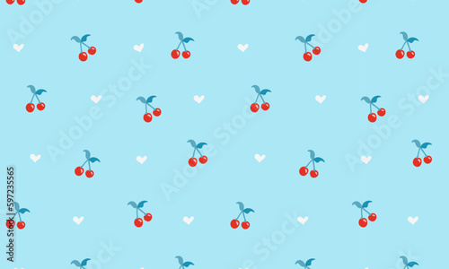 Hand drawn seamless pattern with cherry on light blue background. Cute and modern vector background for wrapping paper, backdrop, phone cases