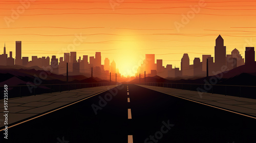 Illustration of empty road floor surface with modern city. Empty asphalt highway against the bright sun at sunset. 3D realistic illustration. Generative AI