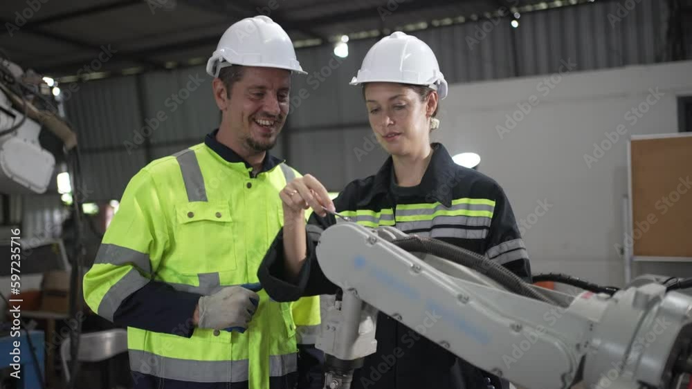 Engineer work at robotic arm factory. Engineer work at robotic arm factory.