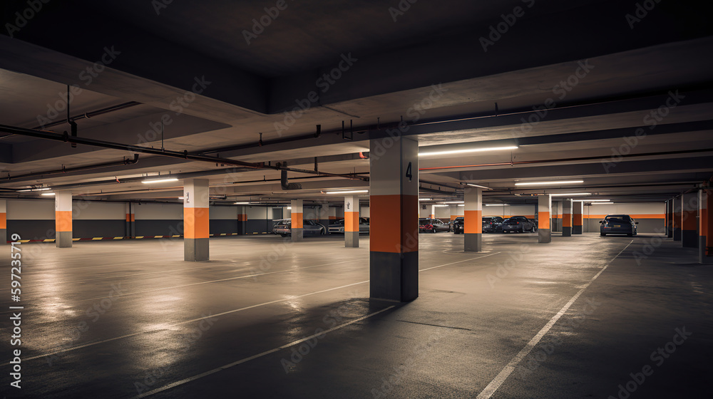 Empty car parking garage with lighting and columns, generative ai Empty car parking garage with lighting and columns, generative ai