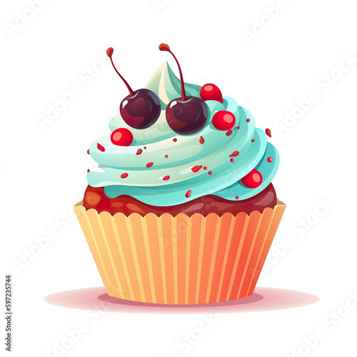 Isolated on white a teal birthday cupcake covered in butter cream icing. Cupcake with swirl cream decorated with sprinkles and strawberry. 3D realistic illustration. Generative AI