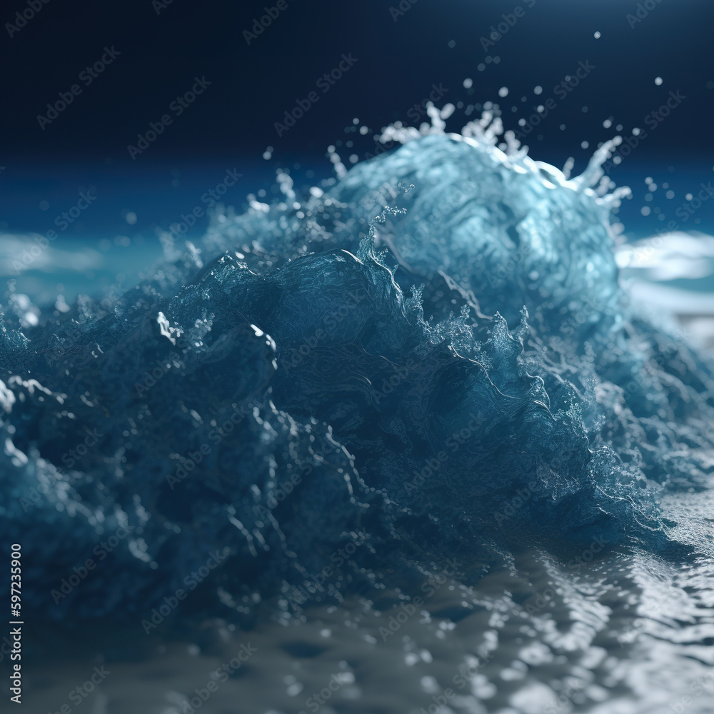 Fluid simulation in an image of waves in blue water. Abstract light color crealive background. 3D realistic illustration. Generative AI