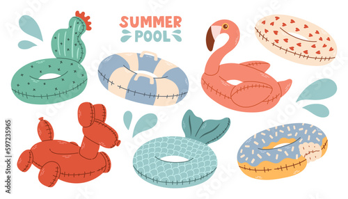 Summer pool rubber ring set. Set of swim rings on white background. Inflatable rubber toy for water and beach.