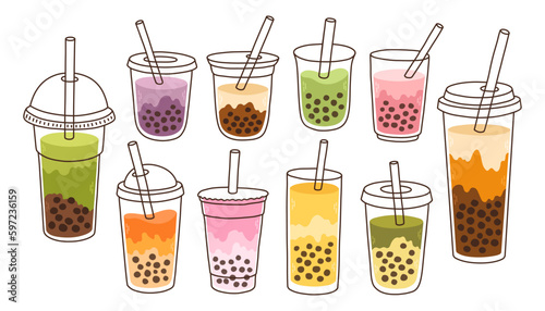 Bubble Milk Tea set. Milk tea with tapioca pearls. Boba tea. Asian Taiwanese drink. Hand drawn colored trendy vector. 