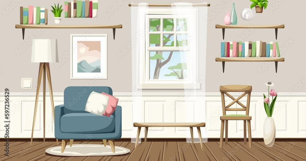 Living room interior decoration. 2d cartoon animation Living room interior decoration. 2d cartoon animation