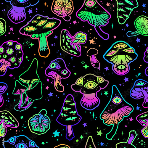 Seamless illustration of magical fairy mushrooms with eyes
