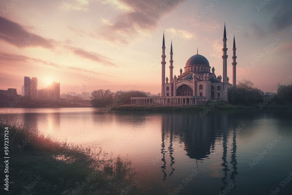 Vibrant hues and sharp edges depict a mosque by a water body. Generative AI