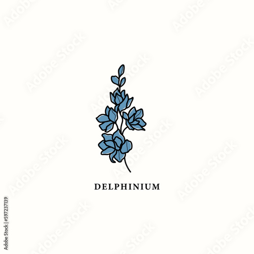 Fototapete Line art delphinium of larkspur flower drawing
