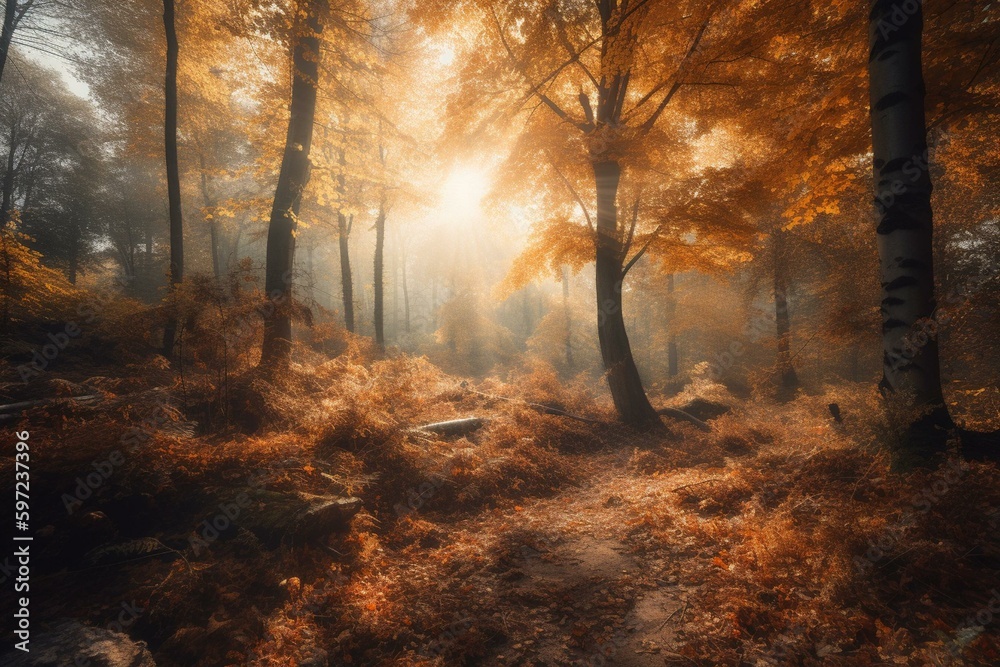 A forest in fall with vibrant leaves and rays of light piercing through the branches. Generative AI
