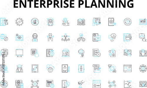 Enterprise planning linear icons set. Strategy, Budgeting, Forecasting, Analysis, Optimization, Execution, Planning vector symbols and line concept signs. Integration,Alignment,Alignment illustration