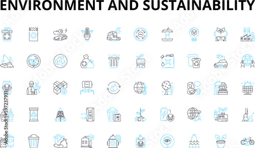 Environment and sustainability linear icons set. Conservation, Biodiversity, Climate, Renewable, Organic, Pollution, Forests vector symbols and line concept signs. Habitat,Ecosystem,Greenhouse