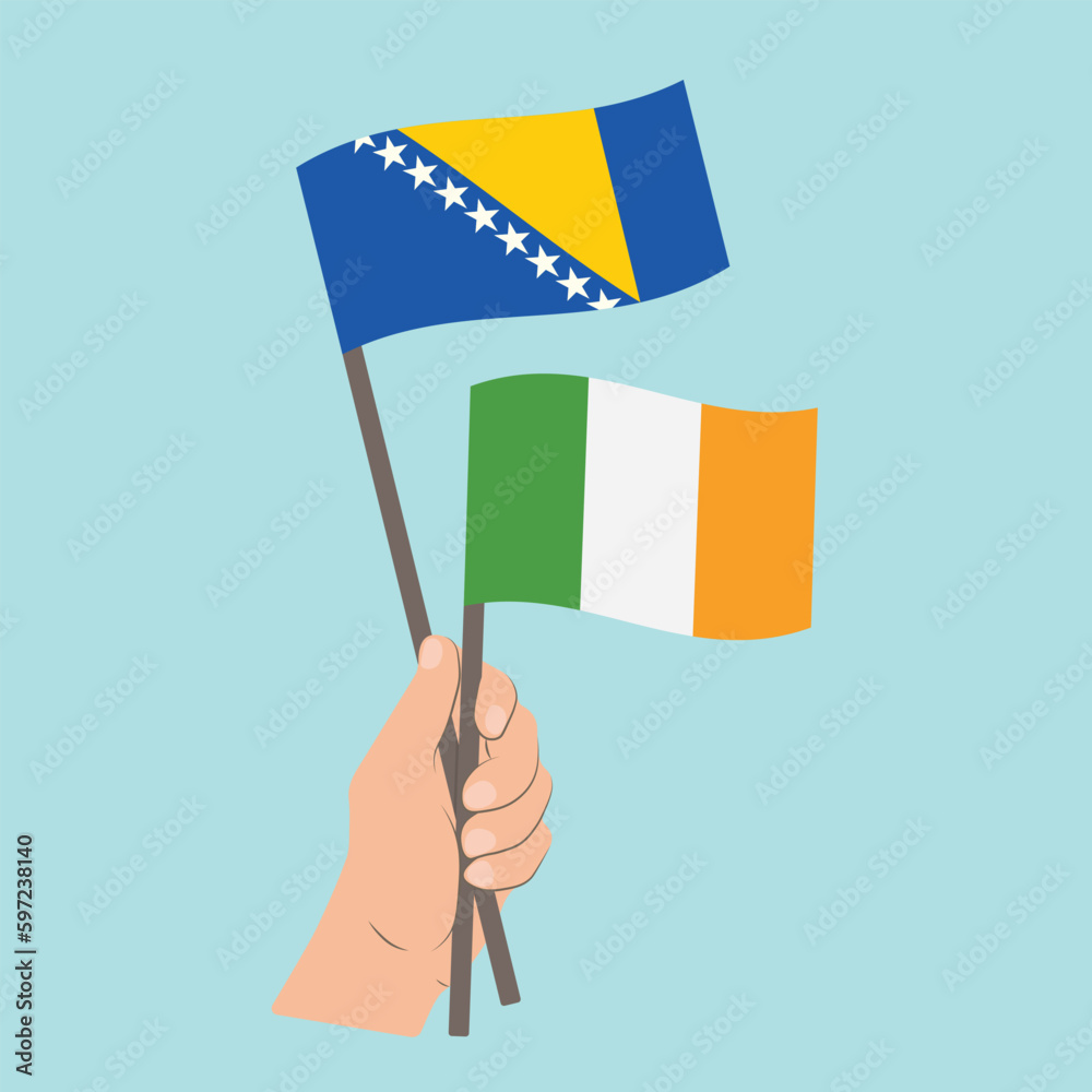 Flags of Bosnia and Herzegovina and Ireland, Hand Holding flags Flags of Bosnia and Herzegovina and Ireland, Hand Holding flags