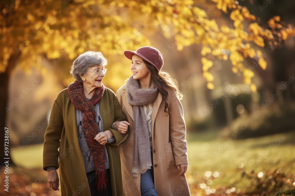 Senior woman walking with granddaughter in park. generative AI Senior woman walking with granddaughter in park. generative AI