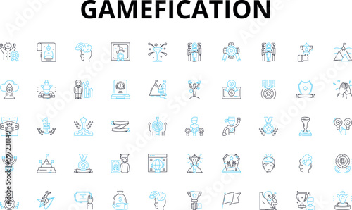 Gamefication linear icons set. Engagement, Motivation, Rewards, Challenge, Progression, Feedback, Achievement vector symbols and line concept signs. Competition,Leaderboard,Fun illustration