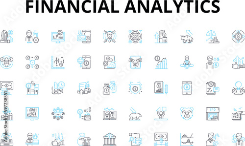 Financial analytics linear icons set. Revenue, Profitability, Forecasting, Budgeting, Optimization, Analysis, Risk vector symbols and line concept signs. Performance,Metrics,Trends illustration