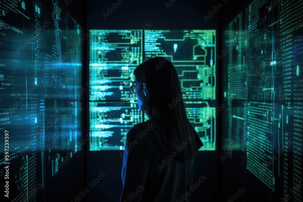 Hacker in a dark room illuminated by screens displaying complex code and digital security measures. Generative AI - obrazy, fototapety, plakaty 