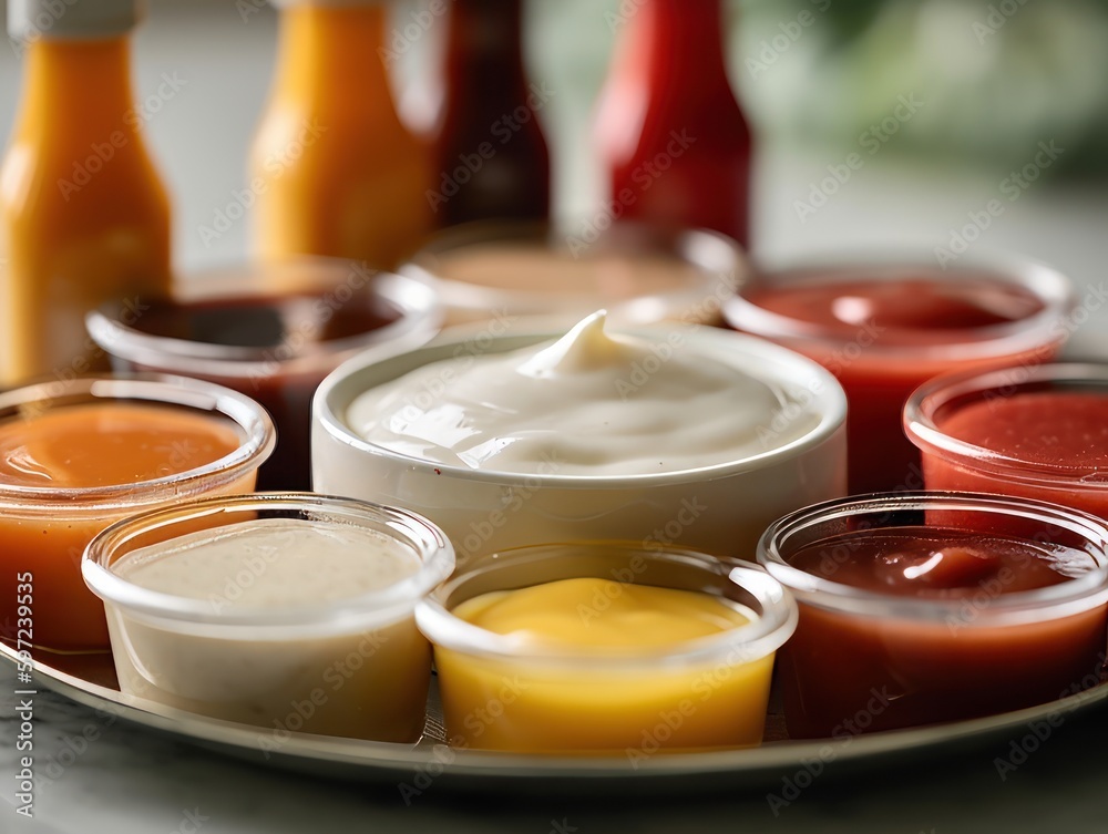 A shot of a lazy susan with different condiments and sauces arranged in a circular pattern A shot of a lazy susan with different condiments and sauces arranged in a circular pattern
