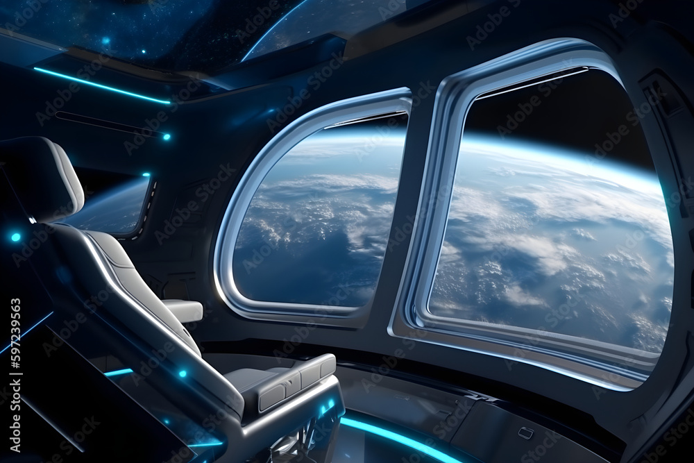 Chair in the Cockpit of a Spaceship With a View of the Planet Earth: AI Generated Image