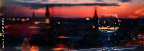 defocus,defocus all or part of an image blurred background old town city night panorama light overlooking the towers and rooftops of the old town of Tallinn banner,generated ai
