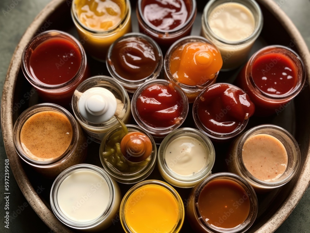 A shot of a lazy susan with different condiments and sauces arranged in a circular pattern A shot of a lazy susan with different condiments and sauces arranged in a circular pattern