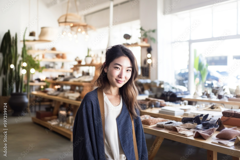 Portrait of Japanese small business woman owner in clothing retail store. Generative AI. Portrait of Japanese small business woman owner in clothing retail store. Generative AI.