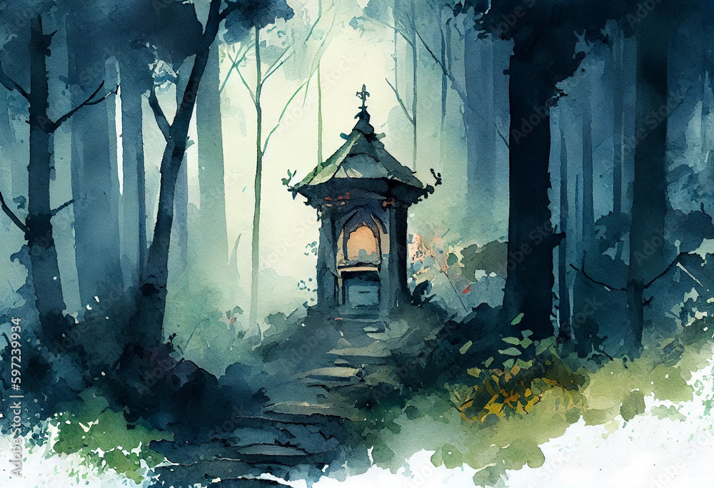 A misty forest with a hidden shrine, portraying the mystical and spiritual aspects of nature, watercolor style Generative AI