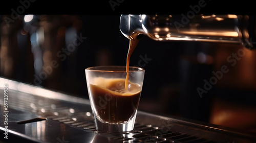 Professional coffee brewing. Close-up of espresso pouring from coffee machine  generative ai