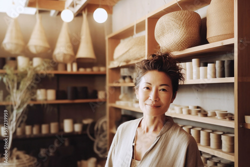 Portrait of Asian small business woman owner in home goods retail store. Generative AI. photo