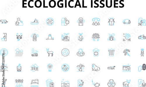 Ecological issues linear icons set. Climate change, Pollution, Deforestation, Biodiversity, Sustainability, Carbon footprint, Renewable vector symbols and line concept signs. Generative AI