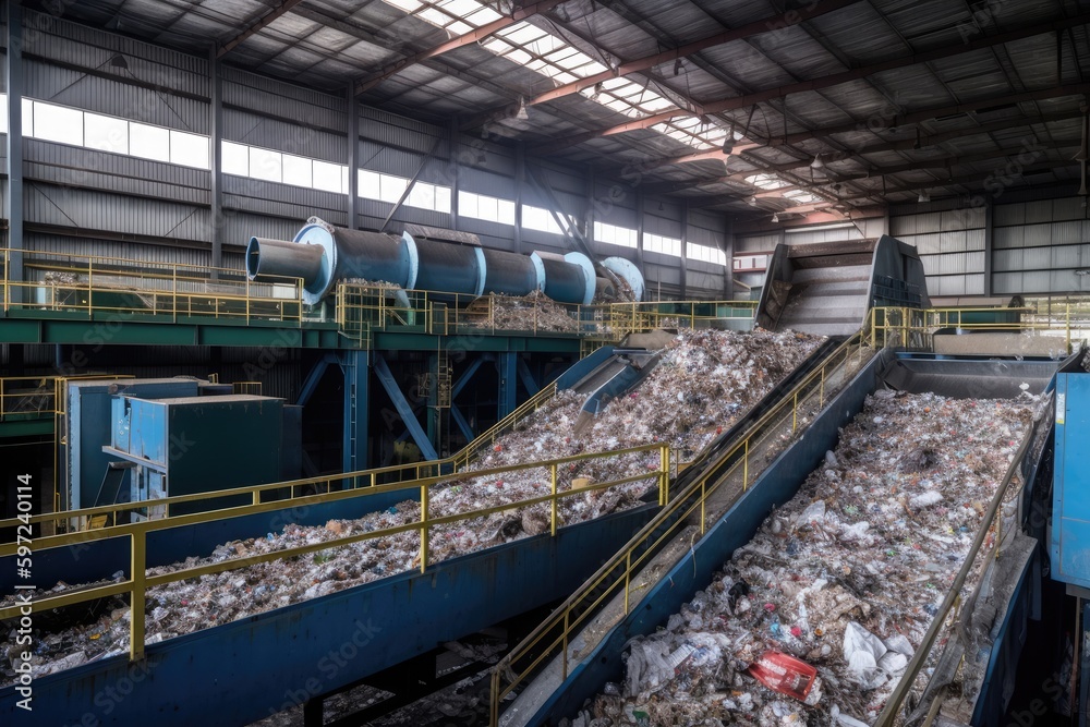Theme of waste recycling could depict a facility where waste is sorted and processed for reuse. Generative AI Theme of waste recycling could depict a facility where waste is sorted and processed for reuse. Generative AI