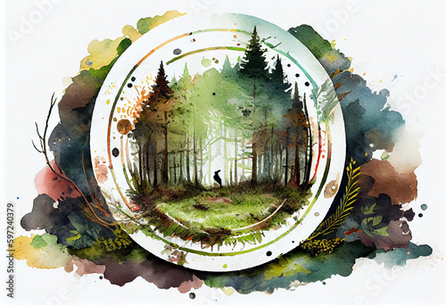 A serene forest clearing with a Native American medicine wheel, representing the spiritual connection to the earth and the cycles of nature, watercolor style Generative AI