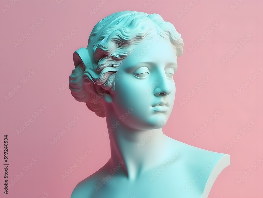 Gypsum ancient statue of Venus de Milo in pastel tone on pastel background. Plaster sculpture of a woman's face. Love, beauty, feminism. Y2K Modern Art Style. Generative Ai. Gypsum ancient statue of Venus de Milo in pastel tone on pastel background. Plaster sculpture of a woman's face. Love, beauty, feminism. Y2K Modern Art Style. Generative Ai.