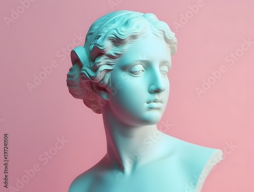 Gypsum ancient statue of Venus de Milo in pastel tone on pastel background. Plaster sculpture of a woman's face. Love, beauty, feminism. Y2K Modern Art Style. Generative Ai.
