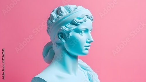 Gypsum ancient statue of Venus de Milo in pastel tone on pastel background. Plaster sculpture of a woman's face. Love, beauty, feminism. Y2K Modern Art Style. Generative Ai.